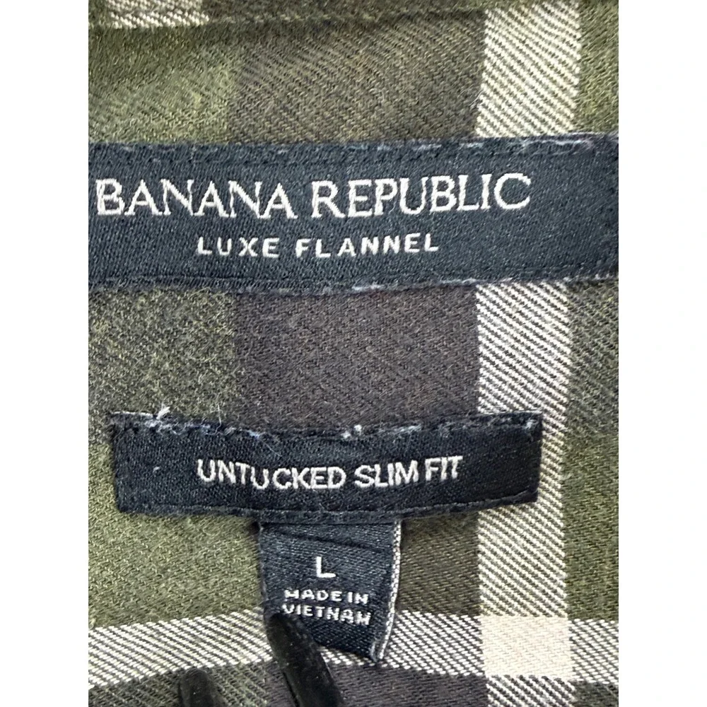 Banana‎ Republic Luxe Flannel Shirt Mens Large Untucked Slim Fit Green Plaid